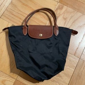 Mini Longchamp bag, black nylon with brown leather